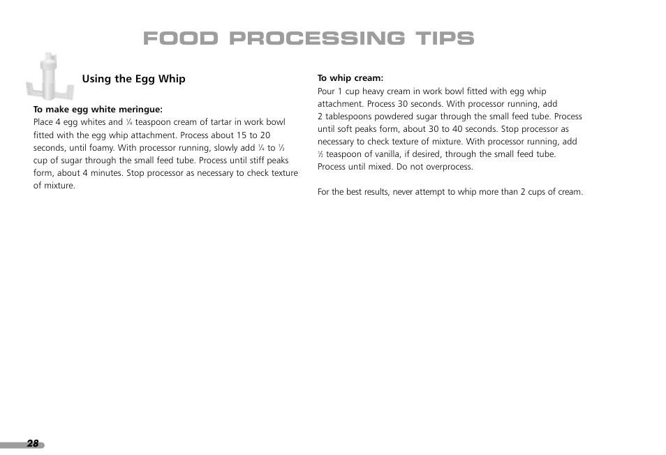 Food processing tips, Using the egg whip | KITCHENAID KPFP850 User Manual | Page 30 / 99