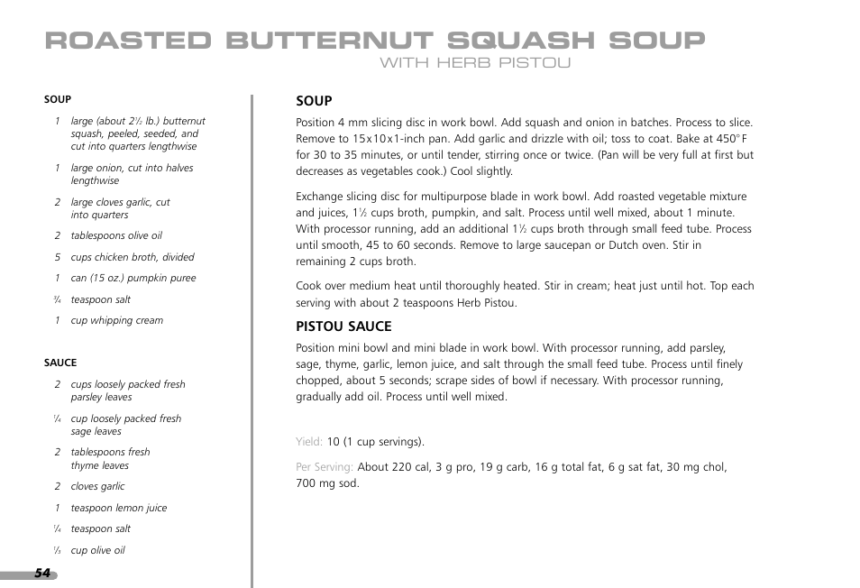 Roasted butternut squash soup, Soup, Pistou sauce | With herb pistou | KITCHENAID KPFP850 User Manual | Page 56 / 99