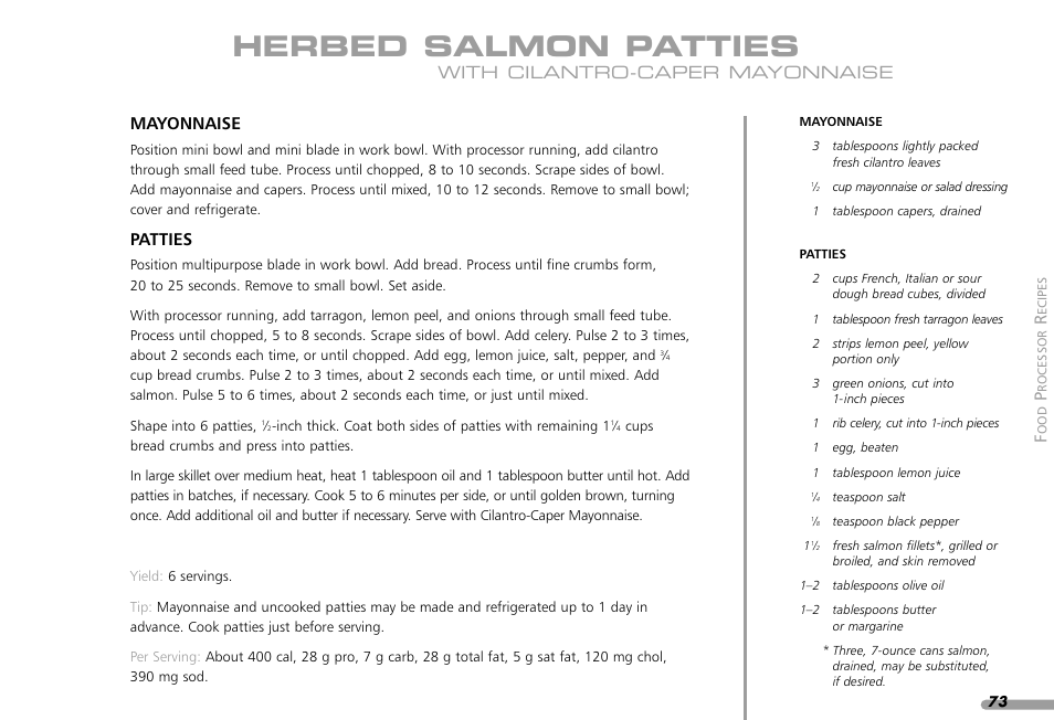 Herbed salmon patties, Mayonnaise, Patties | With cilantro-caper mayonnaise | KITCHENAID KPFP850 User Manual | Page 75 / 99