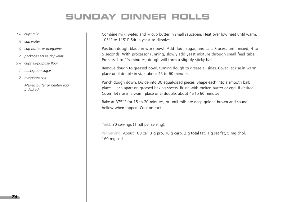 Sunday dinner rolls | KITCHENAID KPFP850 User Manual | Page 78 / 99