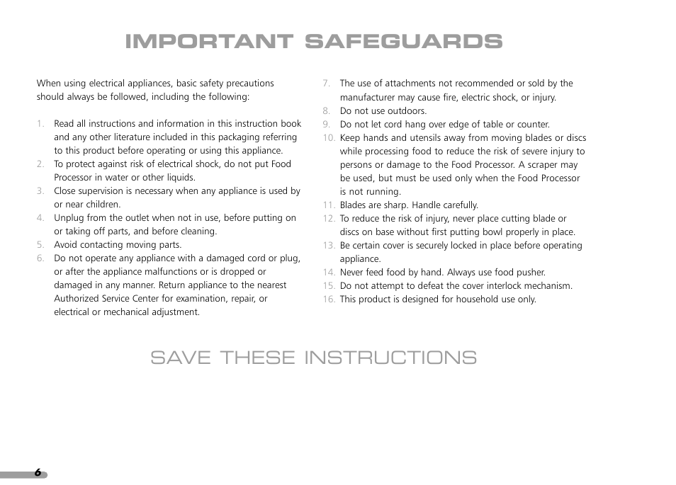 Important safeguards, Save these instructions | KITCHENAID KPFP850 User Manual | Page 8 / 99