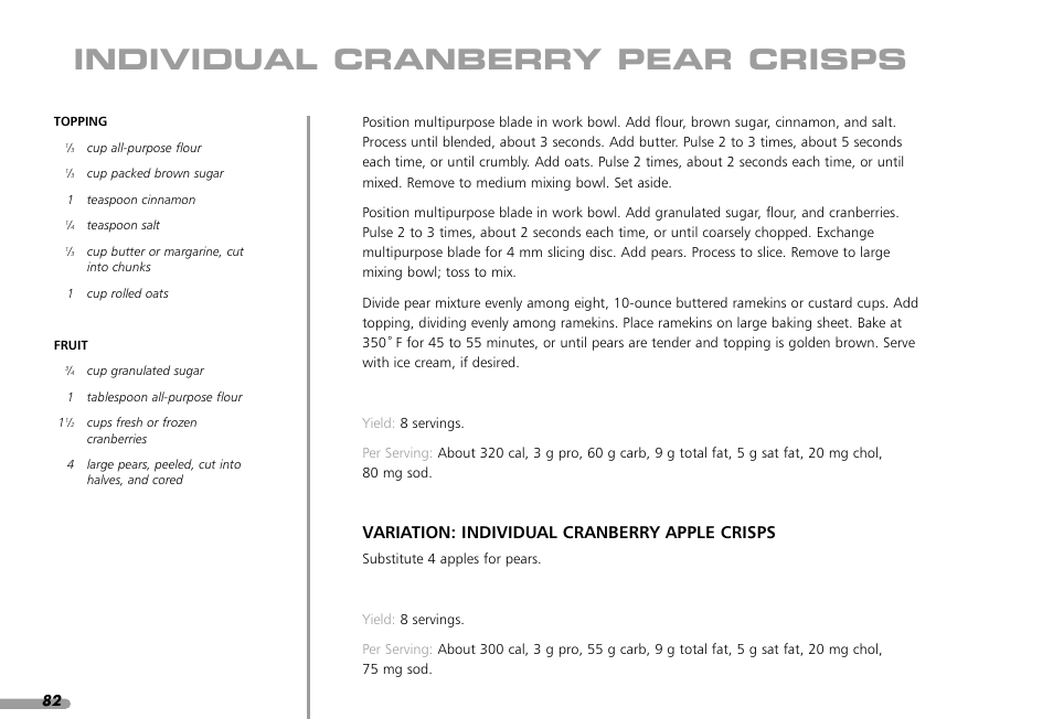 Individual cranberry pear crisps, Variation: individual cranberry apple crisps | KITCHENAID KPFP850 User Manual | Page 84 / 99