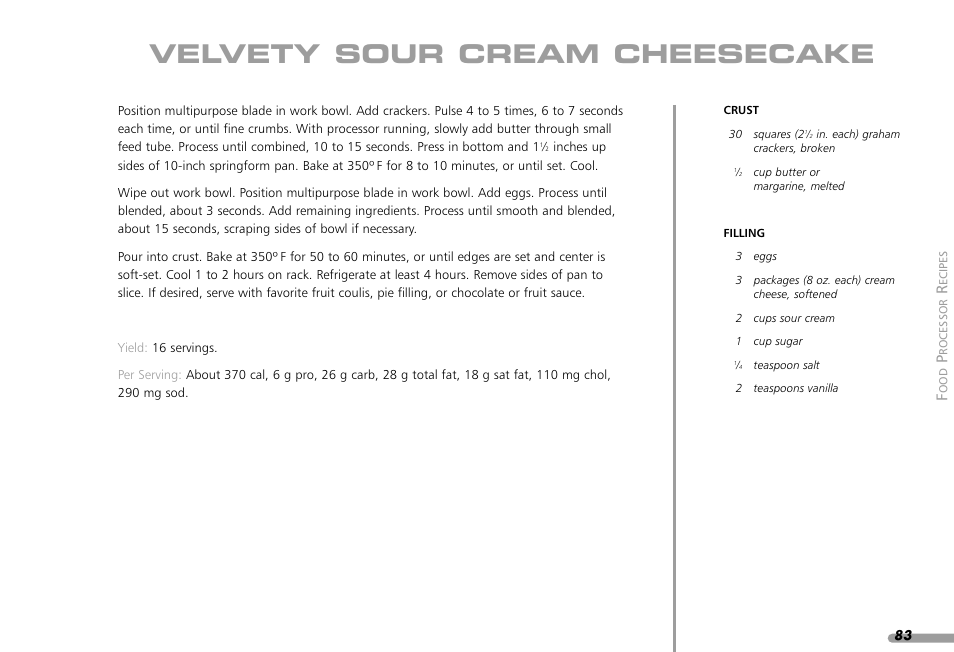 Velvety sour cream cheesecake | KITCHENAID KPFP850 User Manual | Page 85 / 99