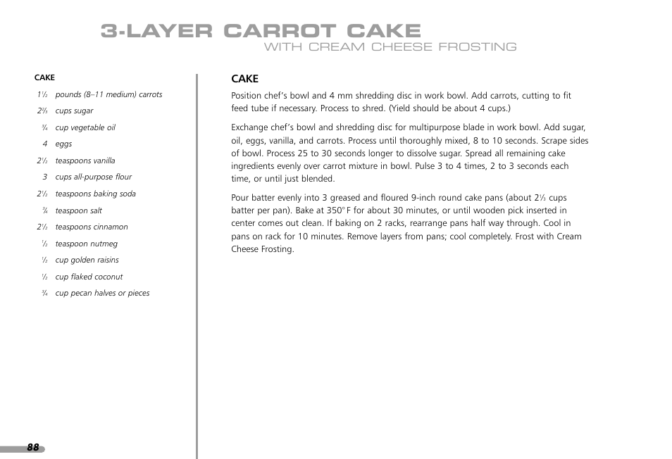 Layer carrot cake, Cake, With cream cheese frosting | KITCHENAID KPFP850 User Manual | Page 90 / 99