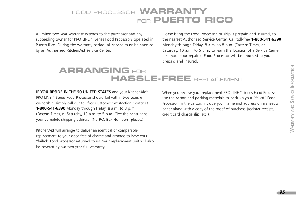 Warranty, Puerto rico, Arranging | Hassle-free | KITCHENAID KPFP850 User Manual | Page 97 / 99