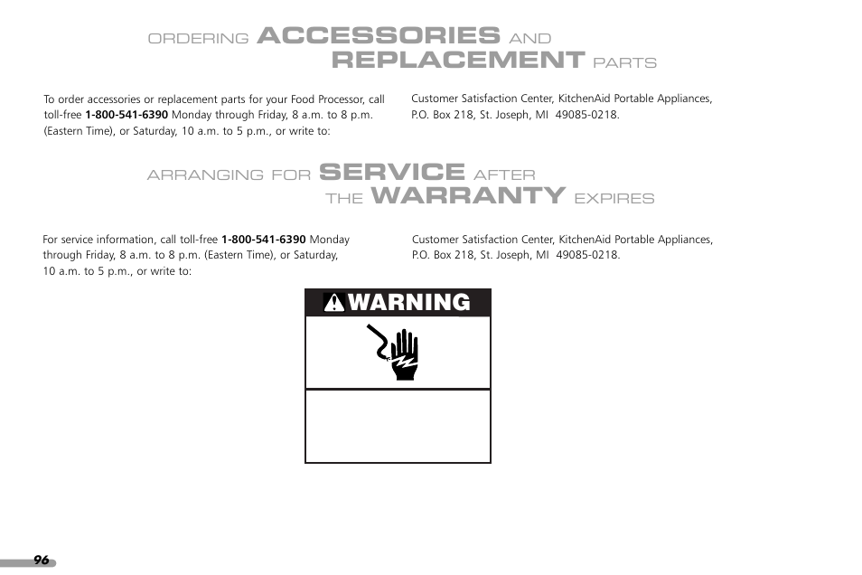 Accessories, Replacement, Service | Warranty, Warning | KITCHENAID KPFP850 User Manual | Page 98 / 99