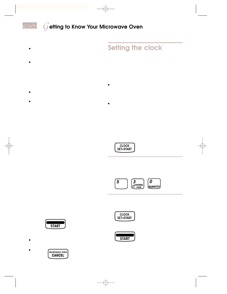 Setting the clock, Etting to know your microwave oven | KITCHENAID KEMI301G User Manual | Page 12 / 56