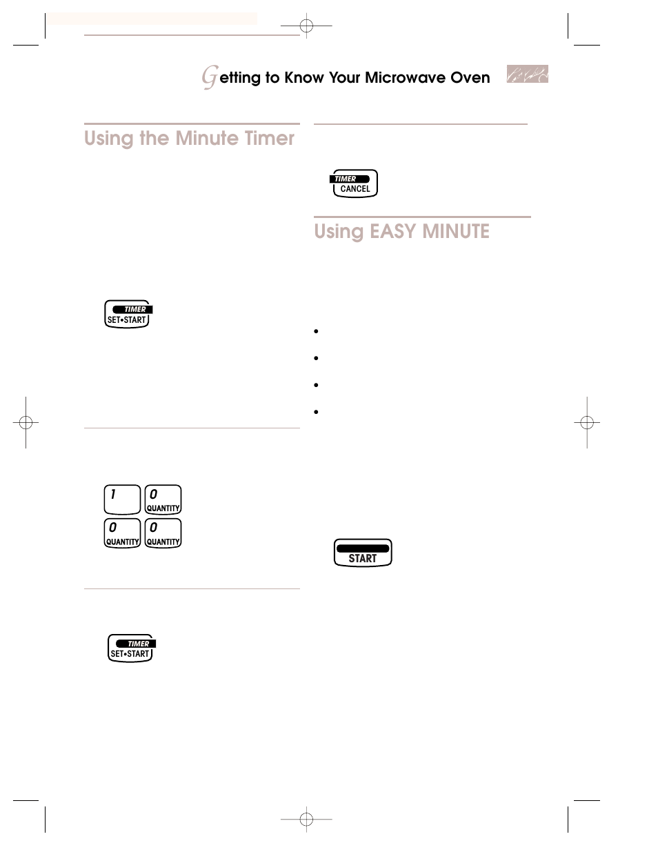 Using the minute timer, Using easy minute, Etting to know your microwave oven | KITCHENAID KEMI301G User Manual | Page 13 / 56