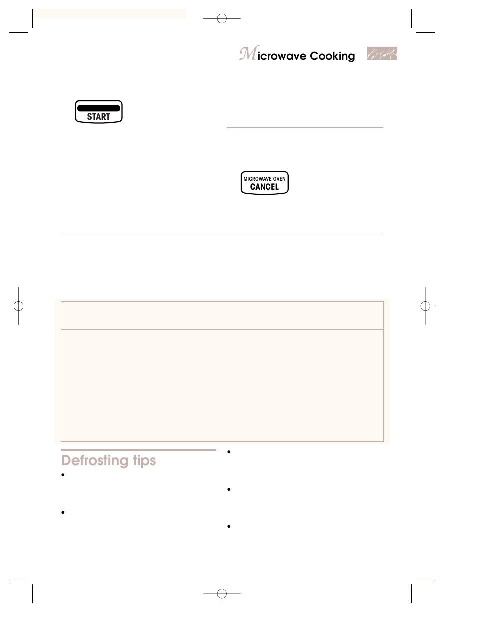 Defrosting tips, Icrowave cooking | KITCHENAID KEMI301G User Manual | Page 21 / 56
