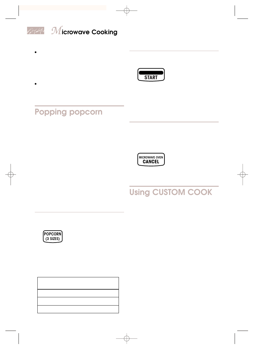 Popping popcorn, Using custom cook, Icrowave cooking | KITCHENAID KEMI301G User Manual | Page 22 / 56