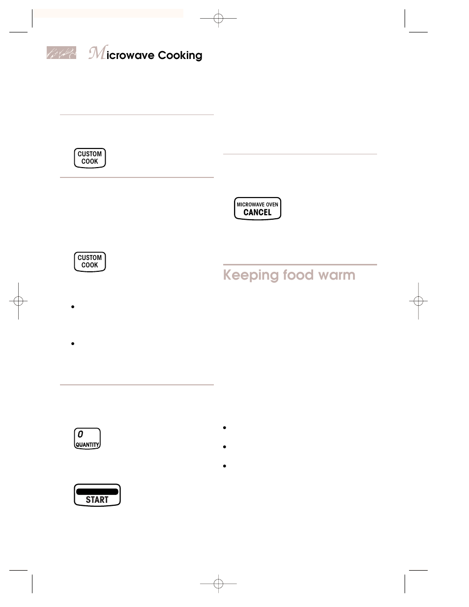 Keeping food warm, Icrowave cooking | KITCHENAID KEMI301G User Manual | Page 24 / 56