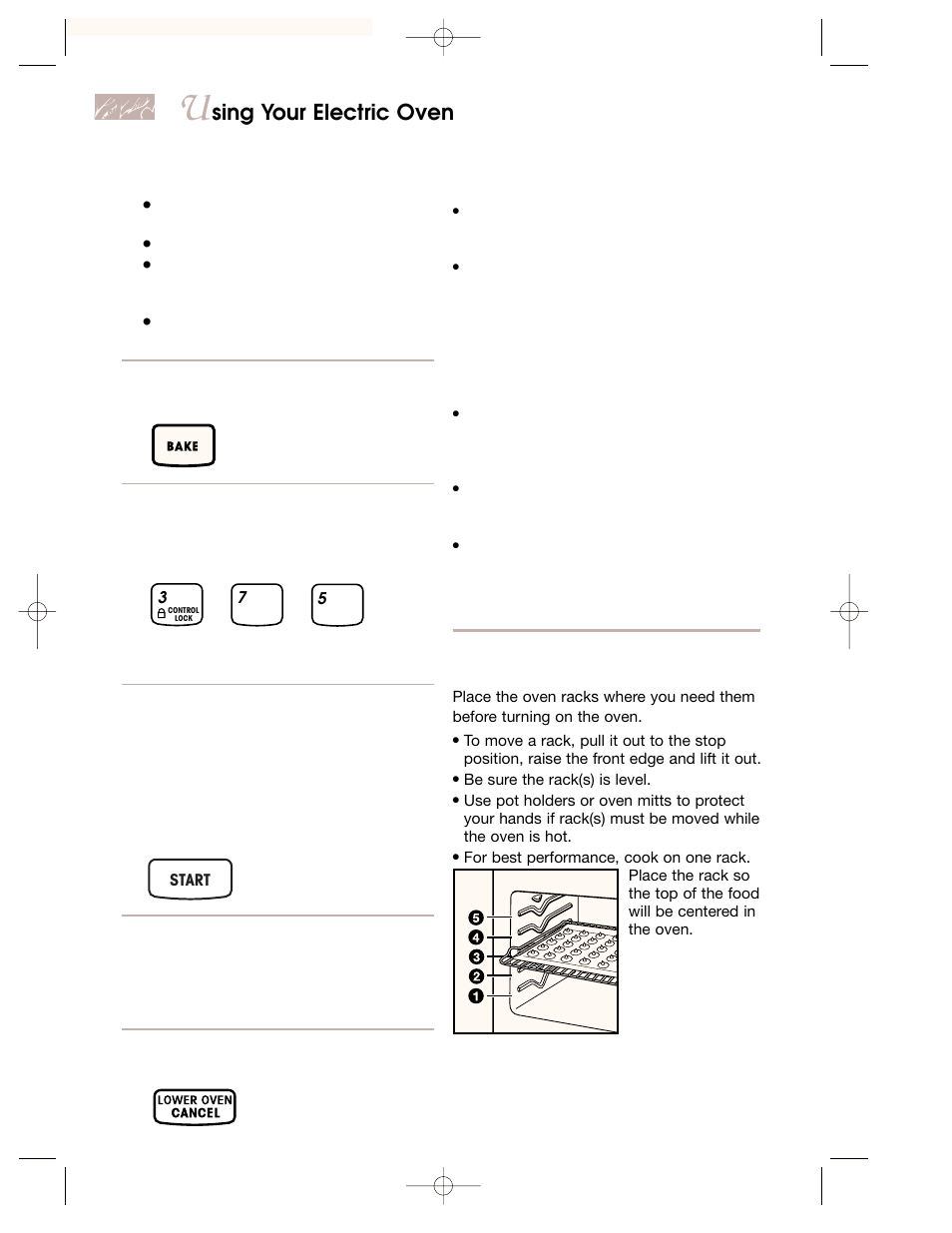 Positioning racks and pans, Sing your electric oven | KITCHENAID KEMI301G User Manual | Page 40 / 56