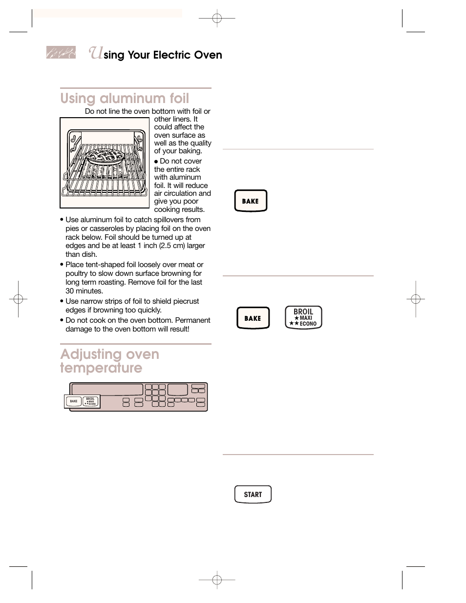 Using aluminum foil, Adjusting oven temperature, Sing your electric oven | KITCHENAID KEMI301G User Manual | Page 42 / 56