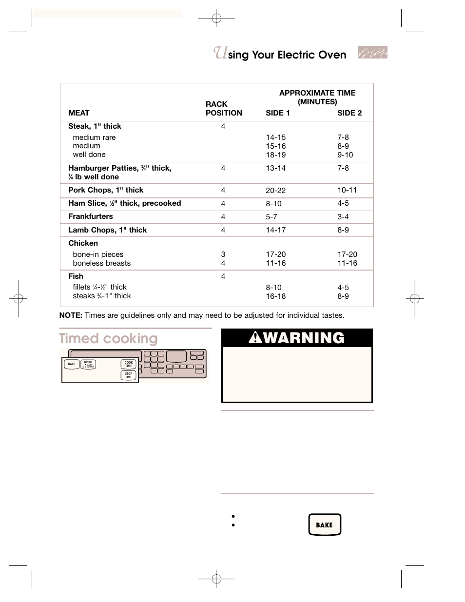 Timed cooking, Wwarning, Sing your electric oven | Choose setting | KITCHENAID KEMI301G User Manual | Page 45 / 56