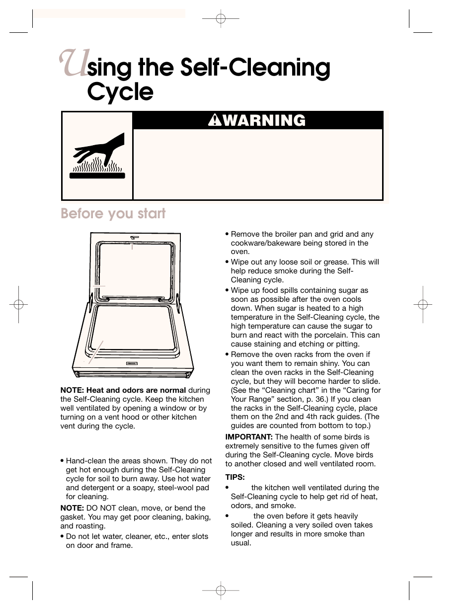 U sing the self-cleaning cycle, Sing the self-cleaning cycle, Wwarning | Before you start | KITCHENAID KEMI301G User Manual | Page 48 / 56