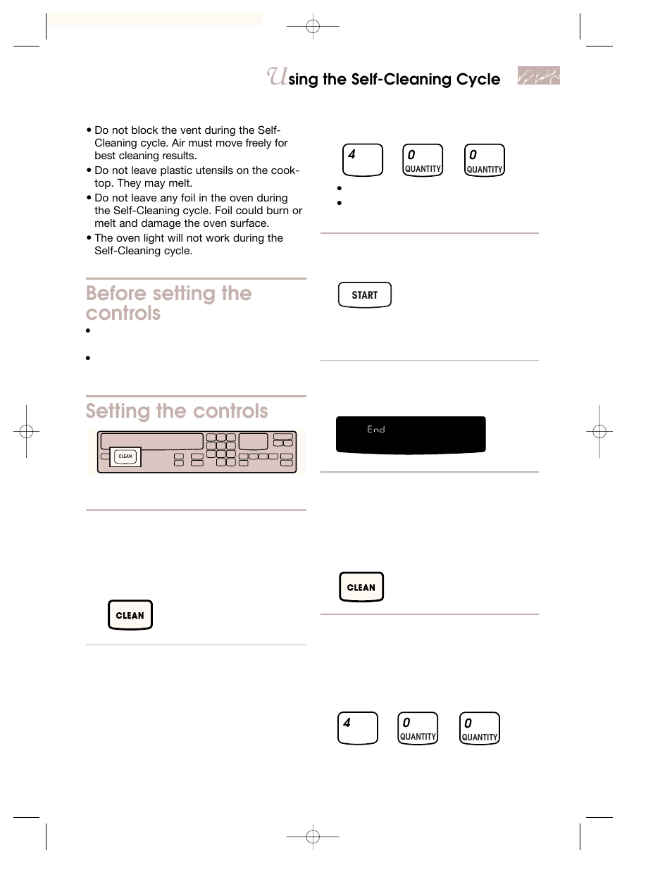 Before setting the controls, Setting the controls, Sing the self-cleaning cycle | Make sure clock is set to correct time of day, Make sure the oven door is completely closed, Set cleaning time (optional), Start oven | KITCHENAID KEMI301G User Manual | Page 49 / 56