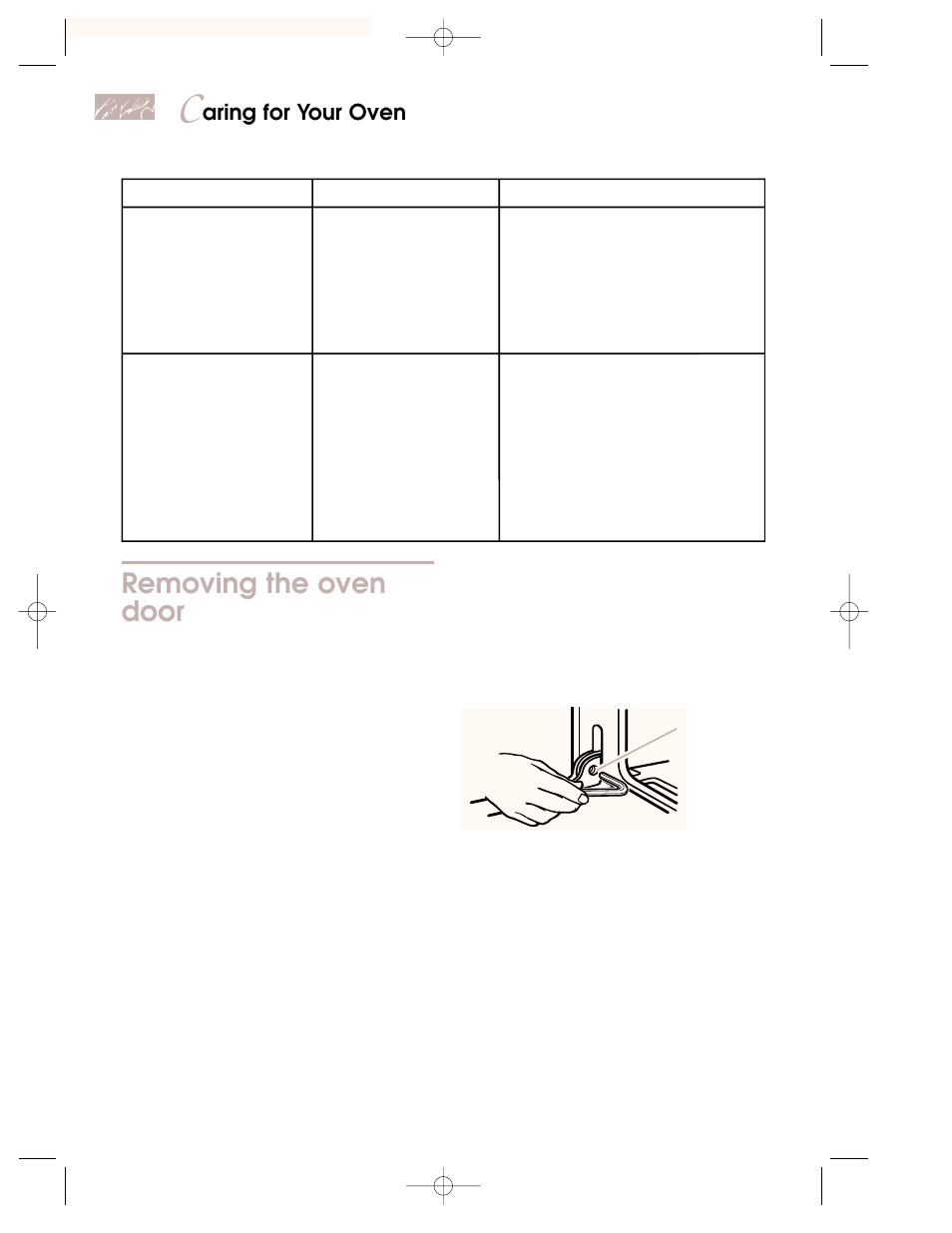 Removing the oven door, Aring for your oven | KITCHENAID KEMI301G User Manual | Page 52 / 56