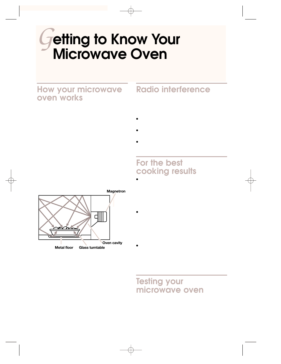 G etting to know your microwave oven, How your microwave oven works, Untitled | Testing your microwave oven, Radio interference, For the bestcooking result, Etting to know your microwave oven, For the best cooking results | KITCHENAID KEMI301G User Manual | Page 8 / 56