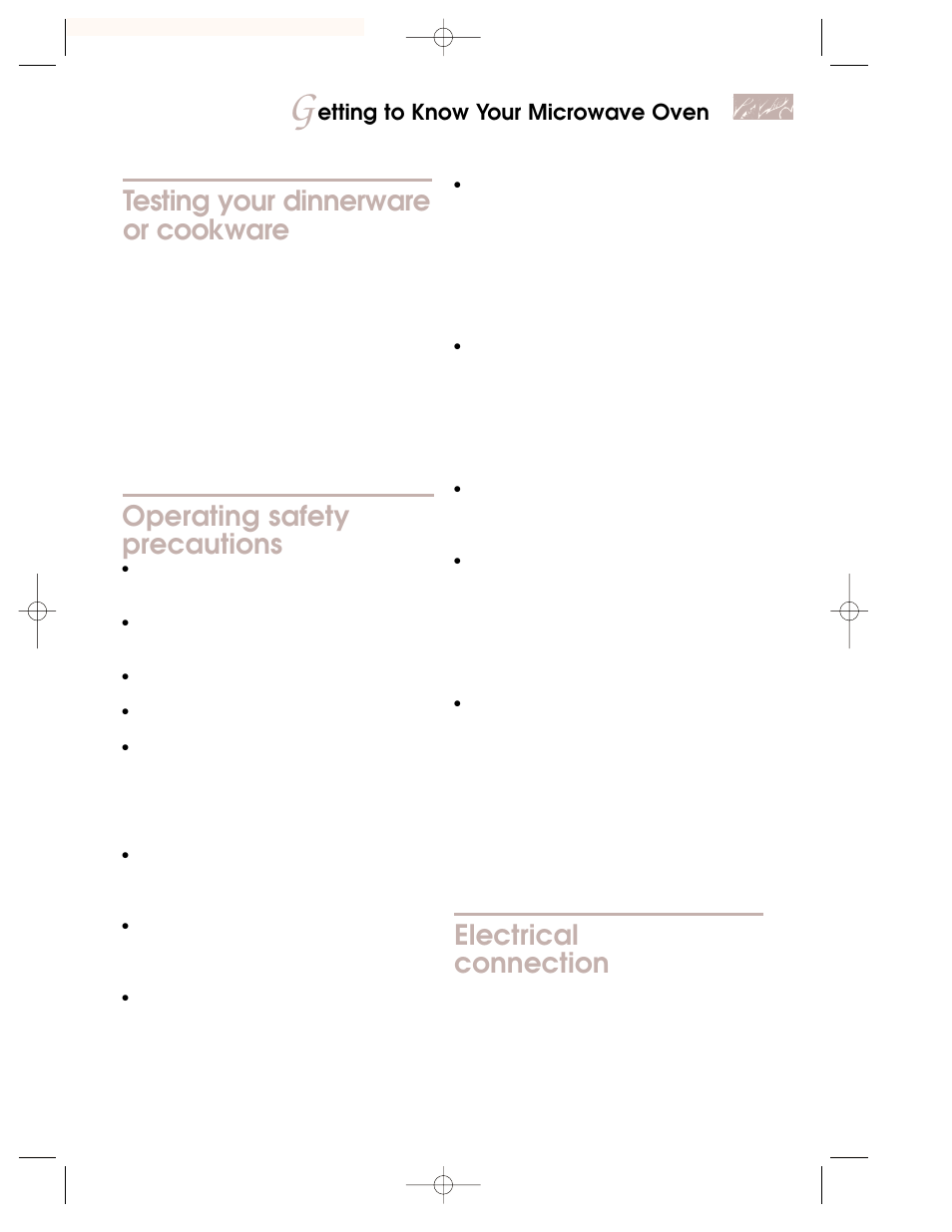 Testing your dinnerware or cookware, Operating safety precautions, Electrical connection | Etting to know your microwave oven | KITCHENAID KEMI301G User Manual | Page 9 / 56