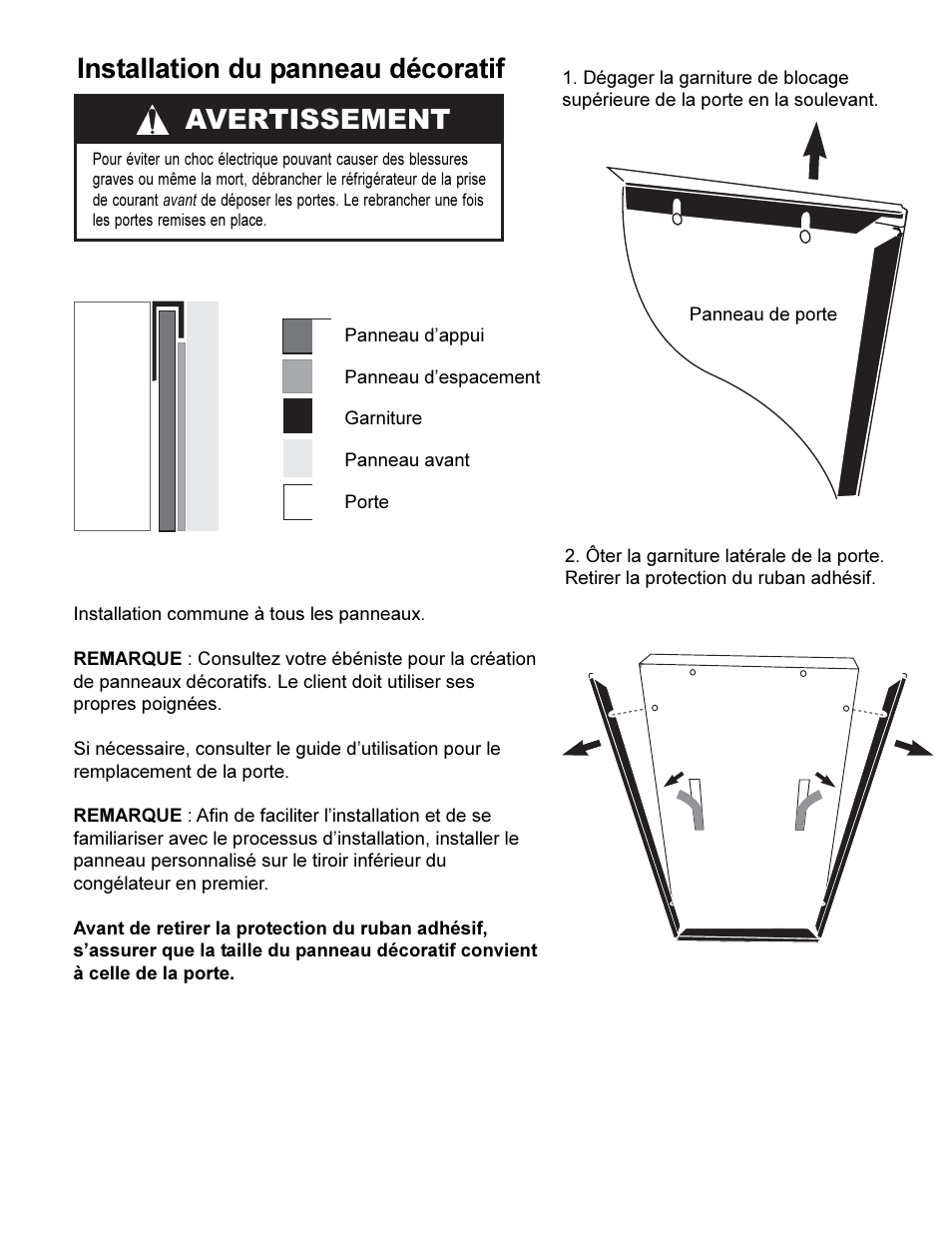 Installation du panneau décoratif, Avertissement | KITCHENAID 12884405 User Manual | Page 5 / 10