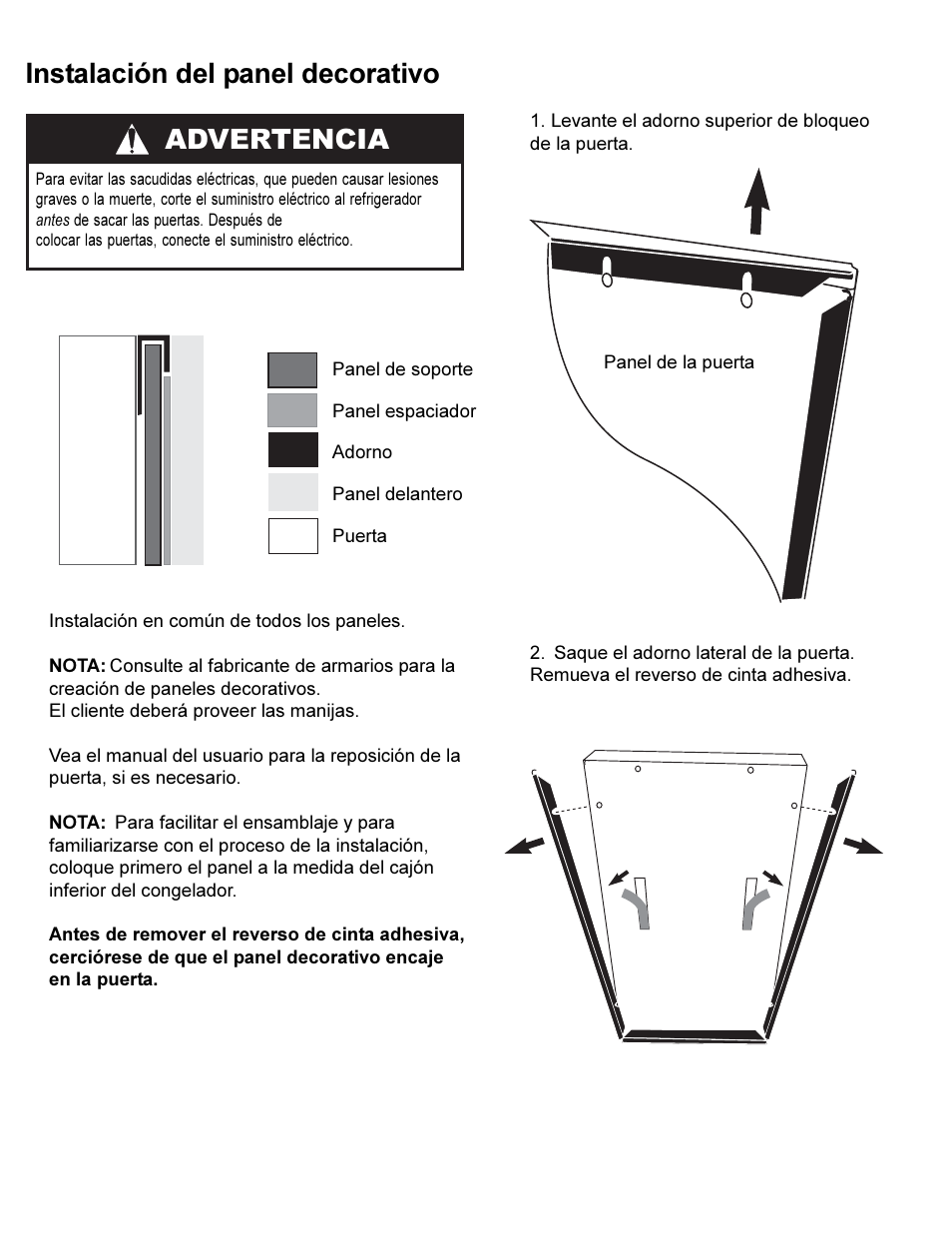 Instalación del panel decorativo, Advertencia | KITCHENAID 12884405 User Manual | Page 8 / 10