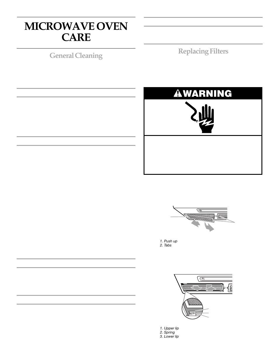 Microwave oven care, Warning, General cleaning | Replacing filters | KITCHENAID KHMS145KSS User Manual | Page 16 / 20