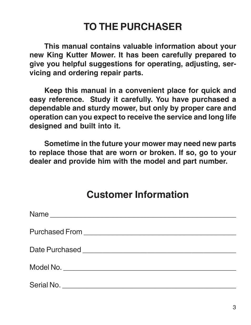 Customer information | King Kutter Free Floating Finishing Mower User Manual | Page 3 / 44