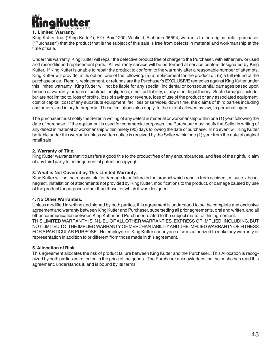 King Kutter Free Floating Finishing Mower User Manual | Page 43 / 44