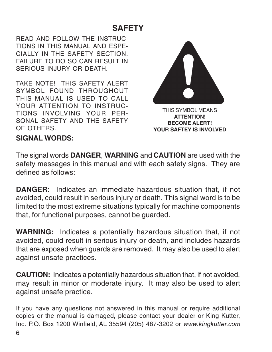 Safety | King Kutter Free Floating Finishing Mower User Manual | Page 6 / 44