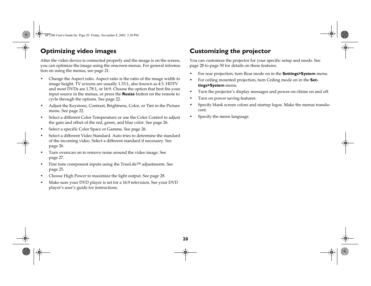 Optimizing video images, Customizing the projector | King Kutter SCREENPLAY 7200 User Manual | Page 21 / 45