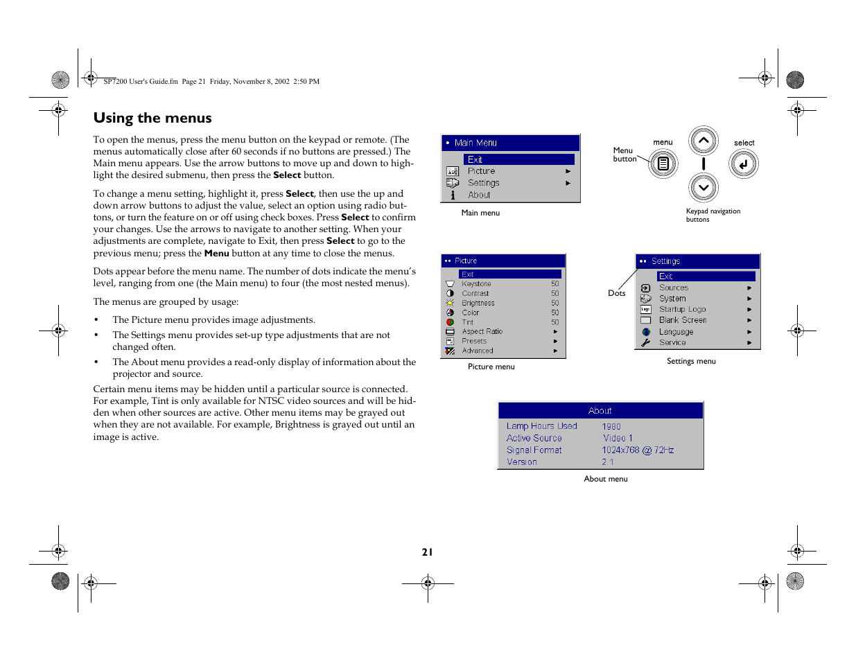 Using the menus, Sdjh, V sdjh | Hh sdjh | King Kutter SCREENPLAY 7200 User Manual | Page 22 / 45