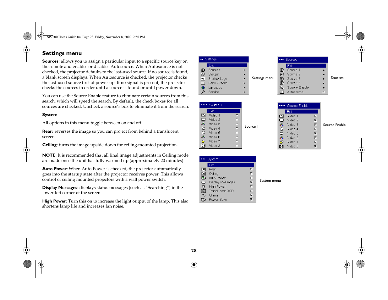 Settings menu, Sdjh, Hh sdjh | King Kutter SCREENPLAY 7200 User Manual | Page 29 / 45