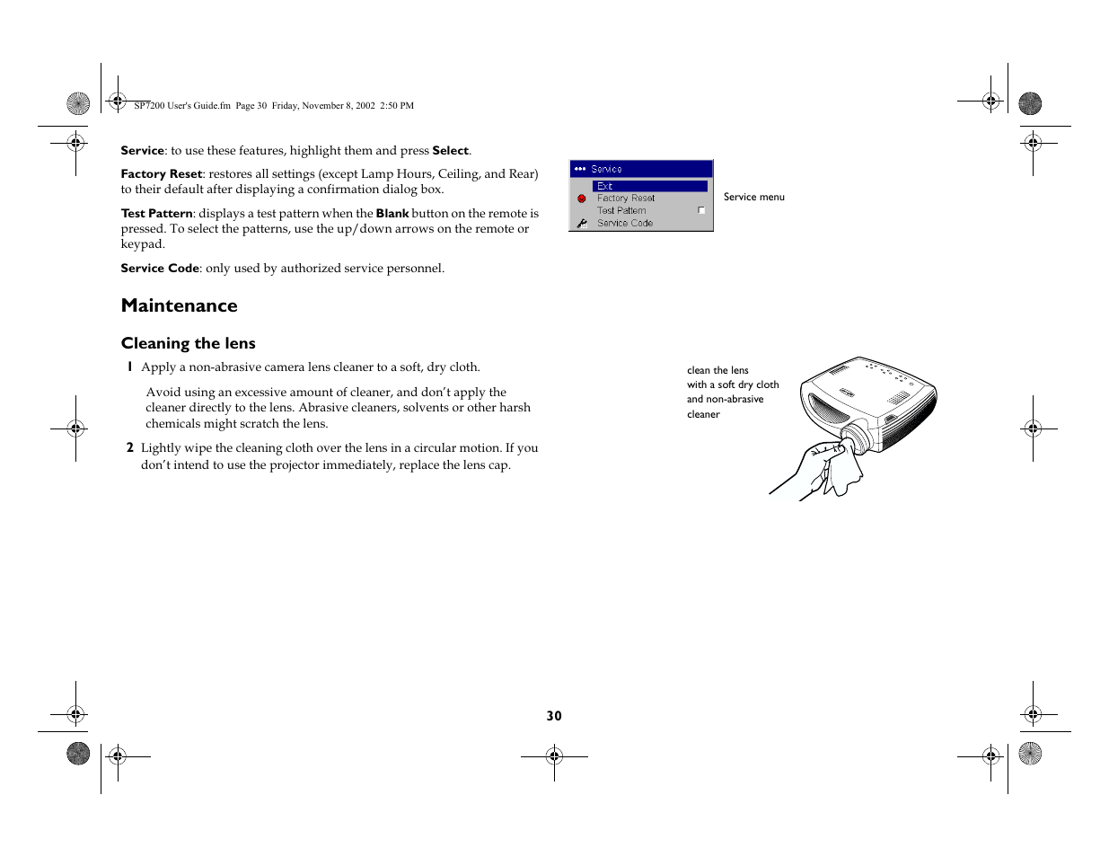 Maintenance, Maintenance 30, Cleaning the lens | Sdjh | King Kutter SCREENPLAY 7200 User Manual | Page 31 / 45