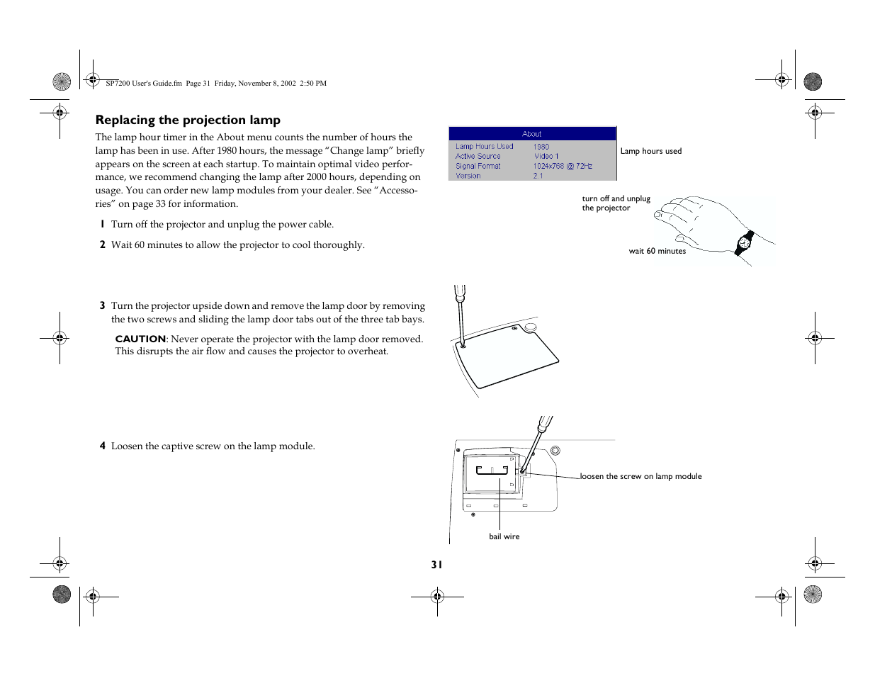 Replacing the projection lamp | King Kutter SCREENPLAY 7200 User Manual | Page 32 / 45