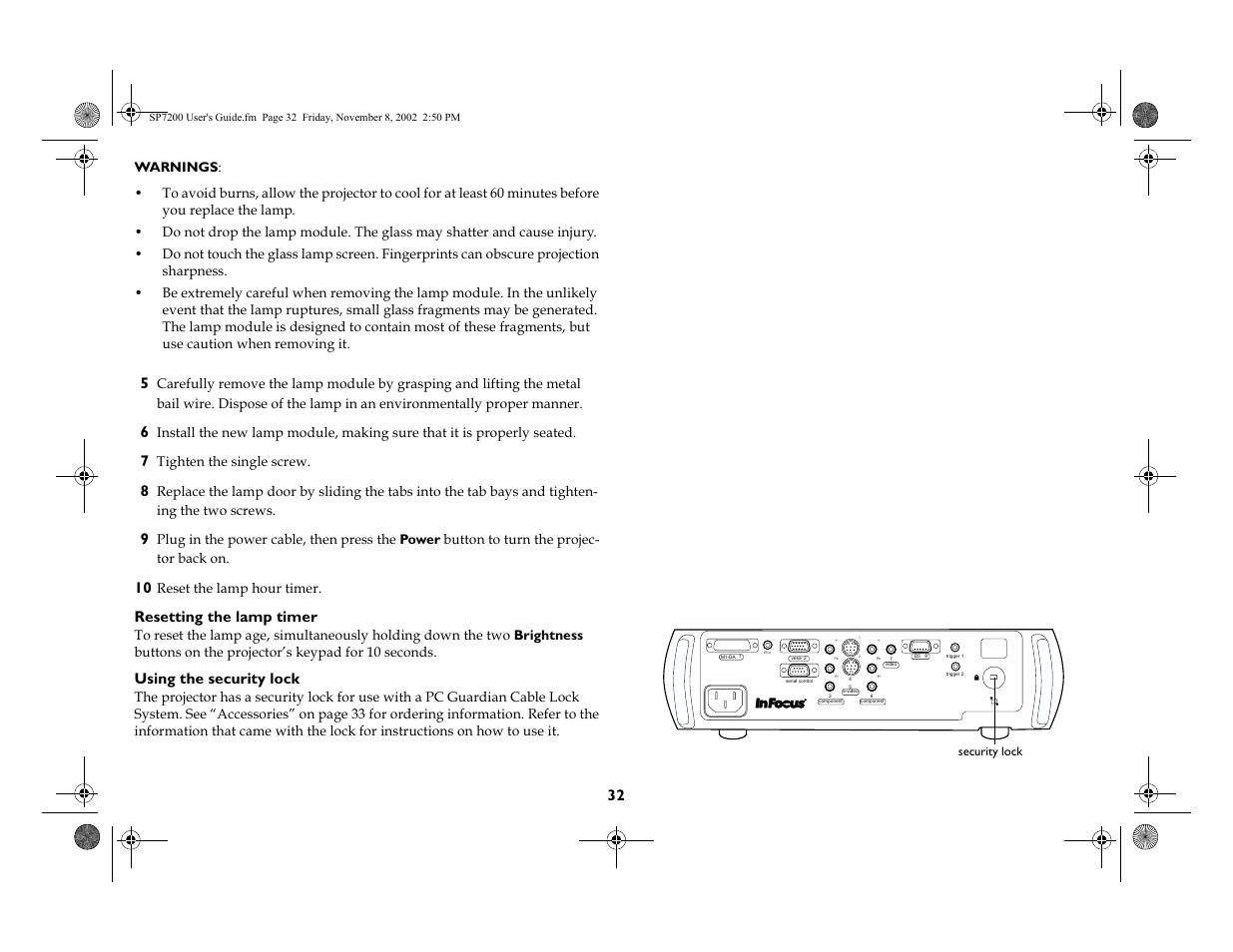 Resetting the lamp timer, Using the security lock | King Kutter SCREENPLAY 7200 User Manual | Page 33 / 45
