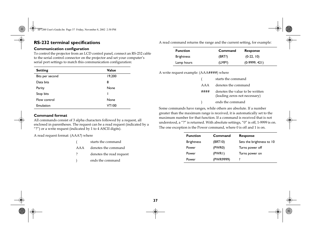Rs-232 terminal specifications | King Kutter SCREENPLAY 7200 User Manual | Page 38 / 45