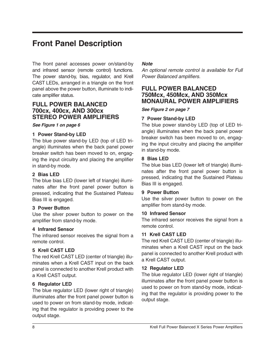 Front panel description | Krell Industries 350Mcx User Manual | Page 12 / 28