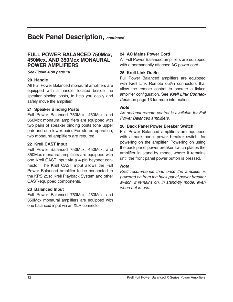 Back panel description | Krell Industries 350Mcx User Manual | Page 16 / 28