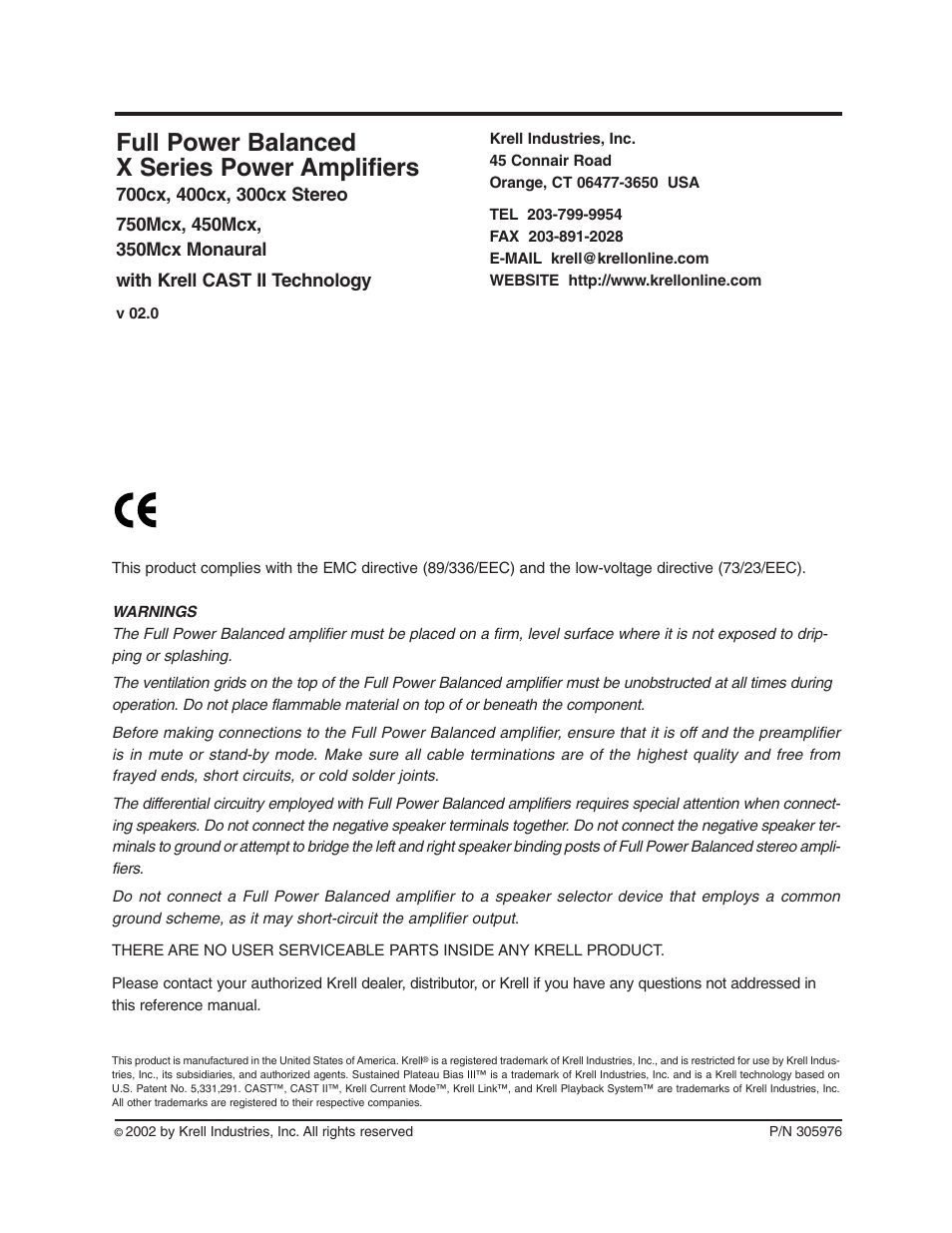 Full power balanced x series power amplifiers | Krell Industries 350Mcx User Manual | Page 2 / 28