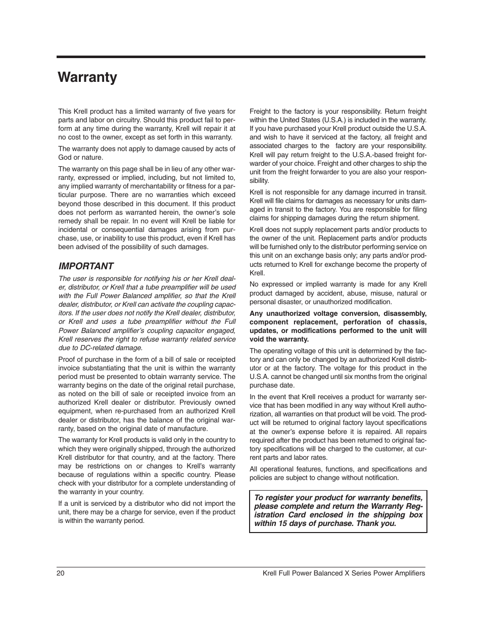 Warranty | Krell Industries 350Mcx User Manual | Page 24 / 28