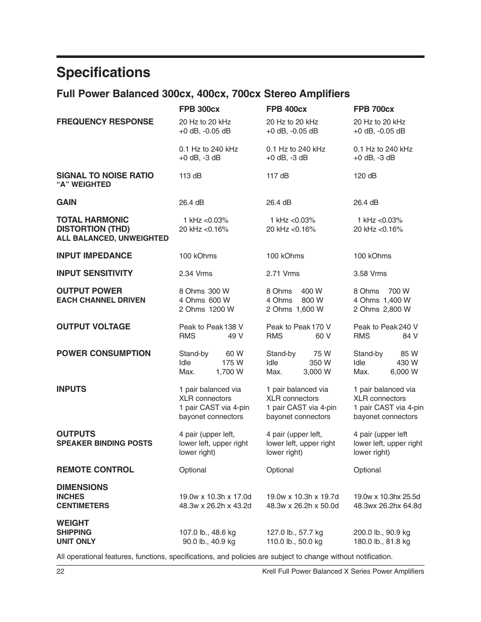Specifications | Krell Industries 350Mcx User Manual | Page 26 / 28
