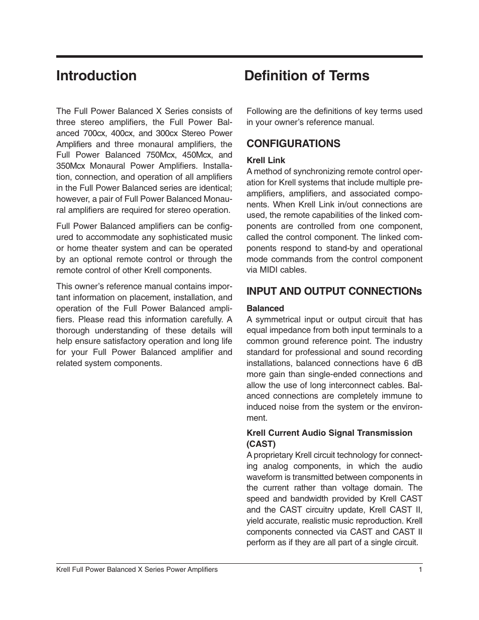 Definition of terms introduction | Krell Industries 350Mcx User Manual | Page 5 / 28