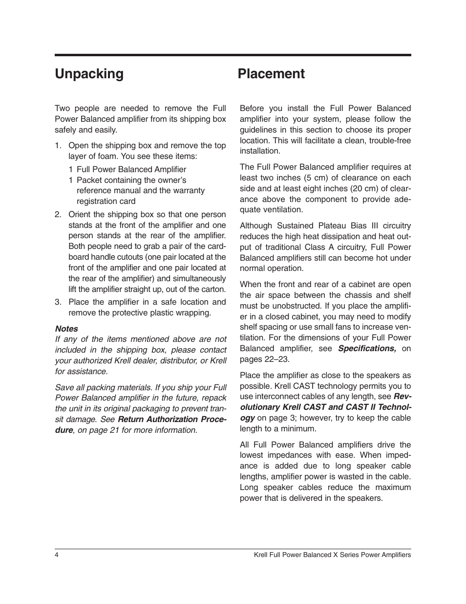 Unpacking placement | Krell Industries 350Mcx User Manual | Page 8 / 28