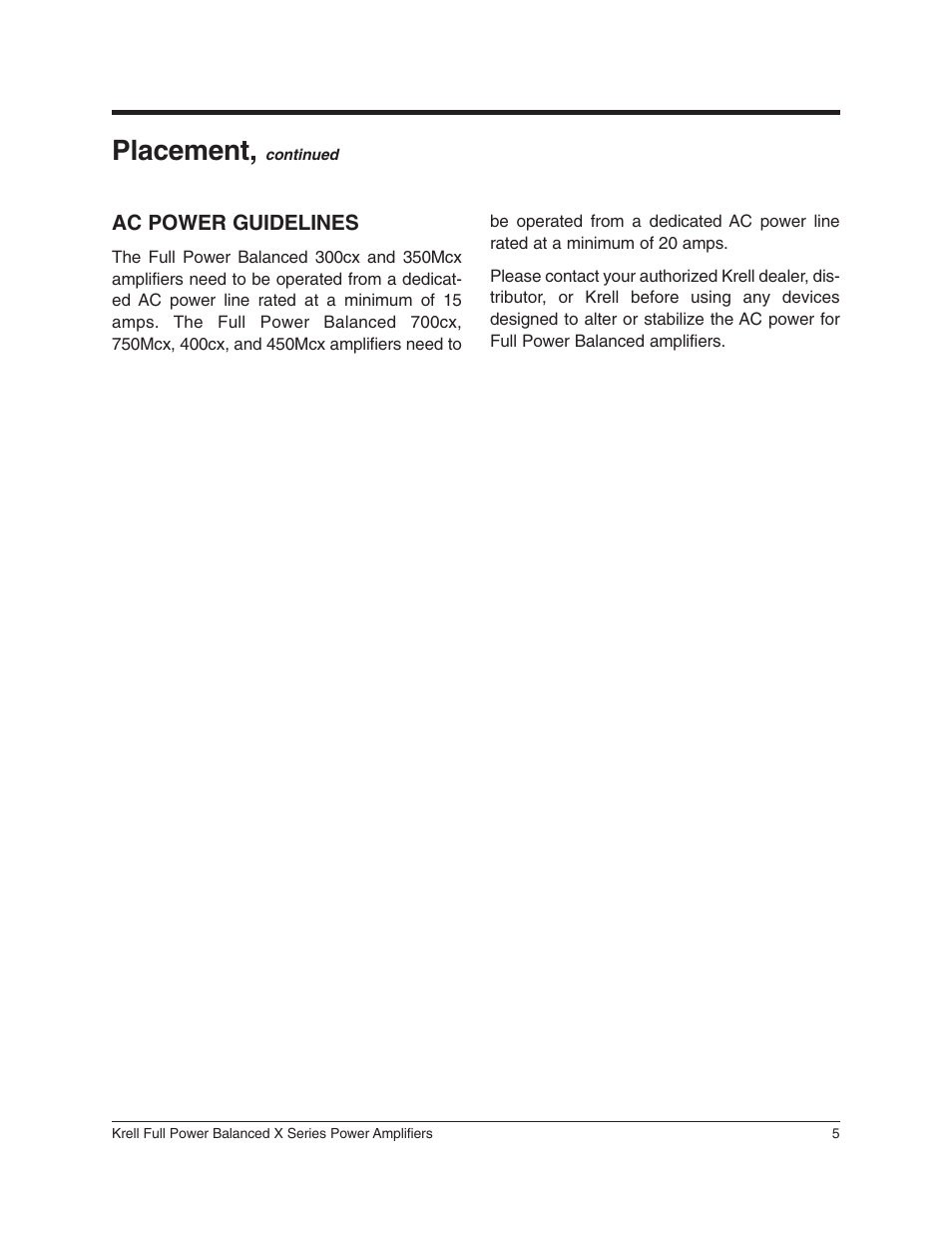 Placement | Krell Industries 350Mcx User Manual | Page 9 / 28