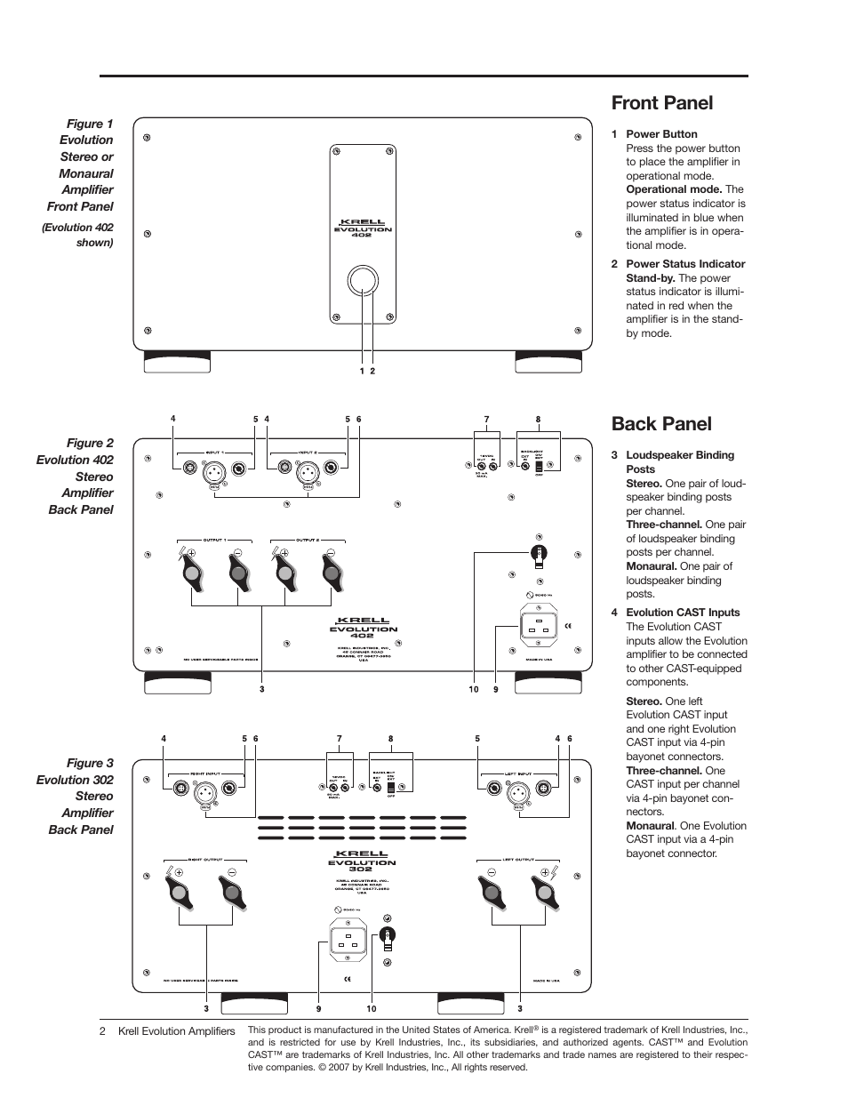 Front panel, Back panel | Krell Industries 400 User Manual | Page 2 / 4