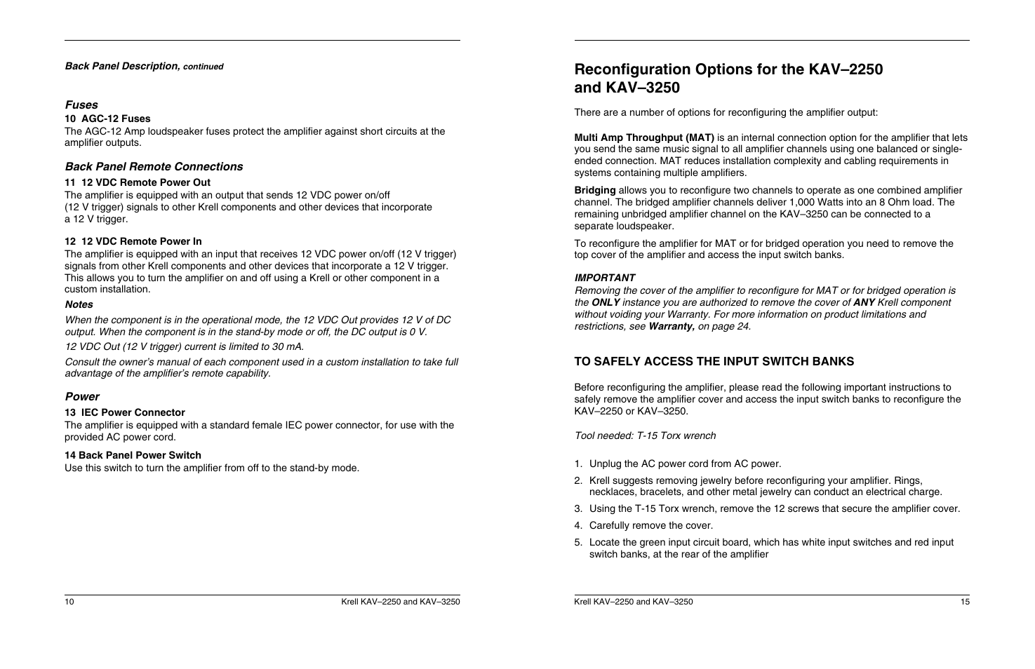 Fuses, Back panel remote connections, Power | Krell Industries KAV 3250 User Manual | Page 14 / 32