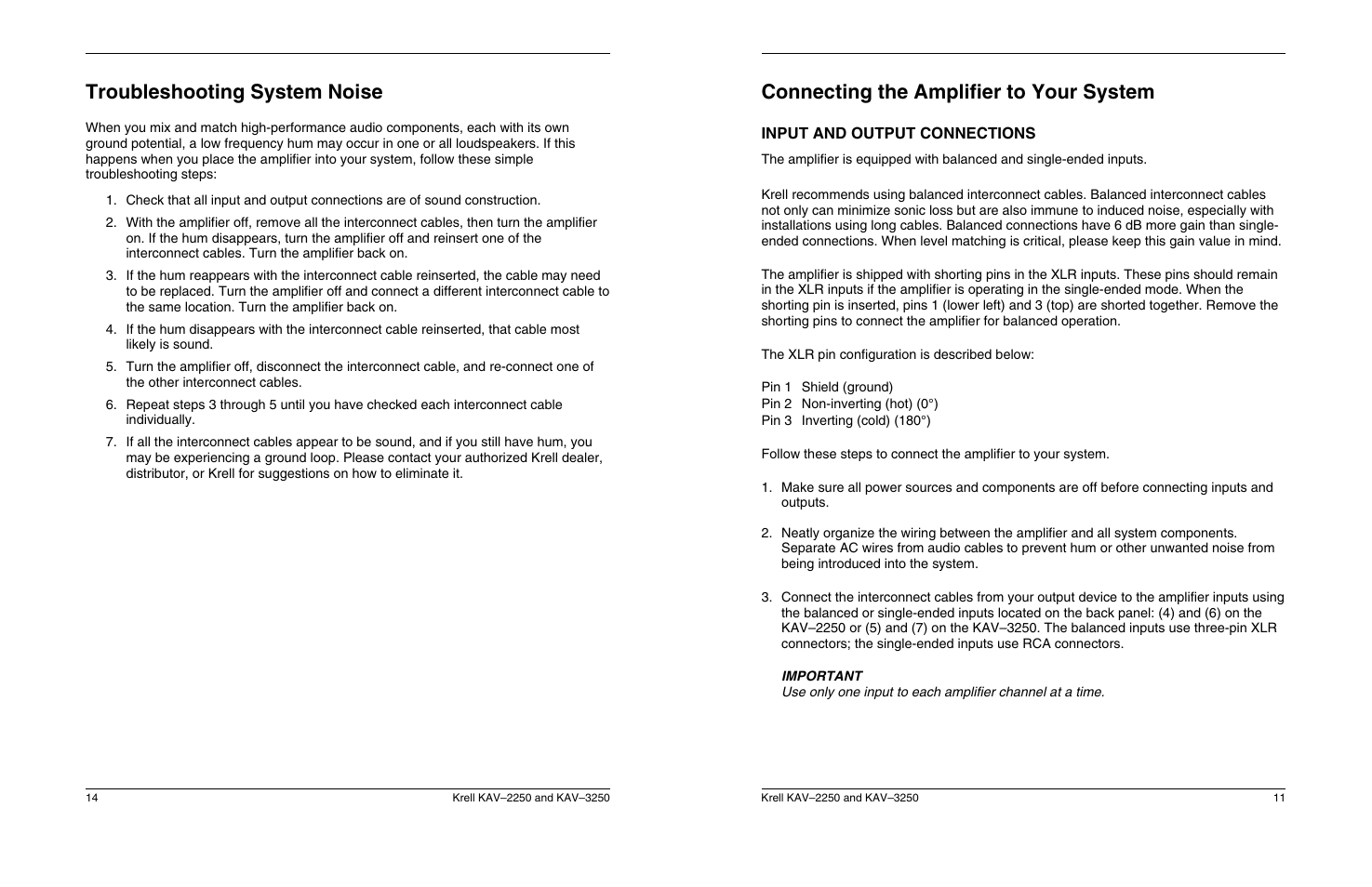 Troubleshooting system noise, Connecting the amplifier to your system, Input and output connections | Krell Industries KAV 3250 User Manual | Page 15 / 32