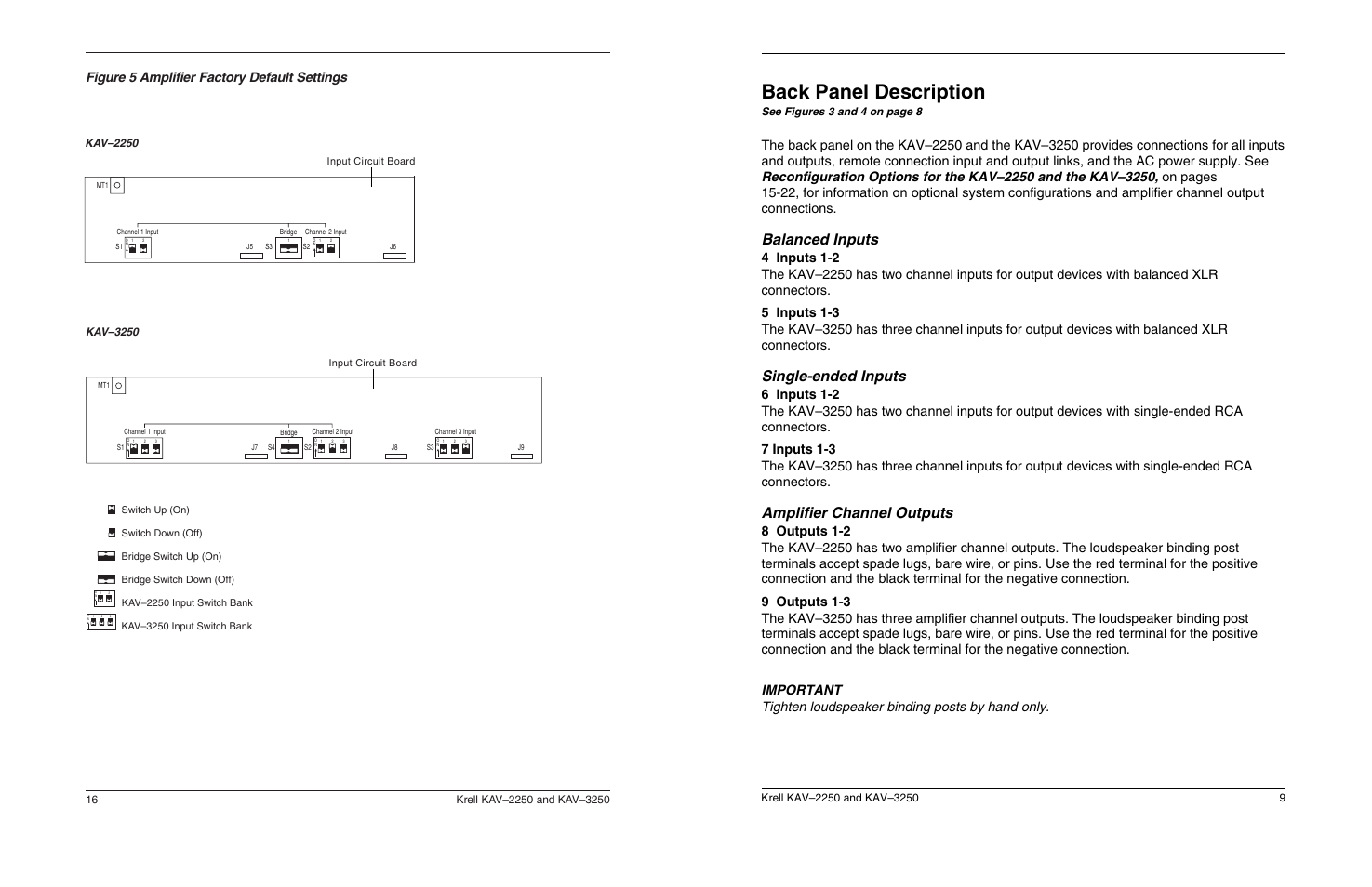 Back panel description, Balanced inputs, Single-ended inputs | Amplifier channel outputs, Figure 5 amplifier factory default settings, See figures 3 and 4 on page 8 | Krell Industries KAV 3250 User Manual | Page 20 / 32