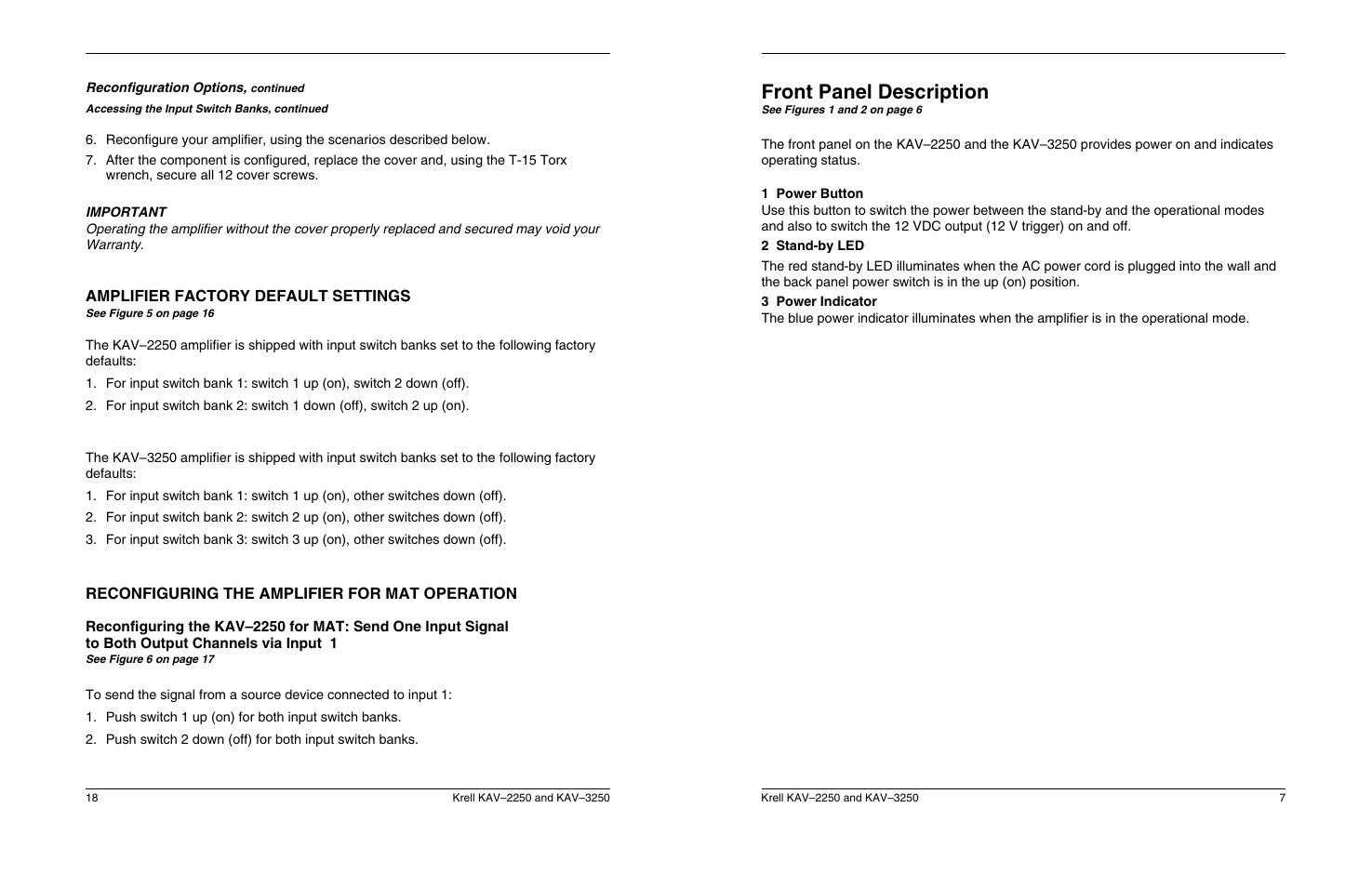 Front panel description, Amplifier factory default settings, Reconfiguring the amplifier for mat operation | Krell Industries KAV 3250 User Manual | Page 22 / 32