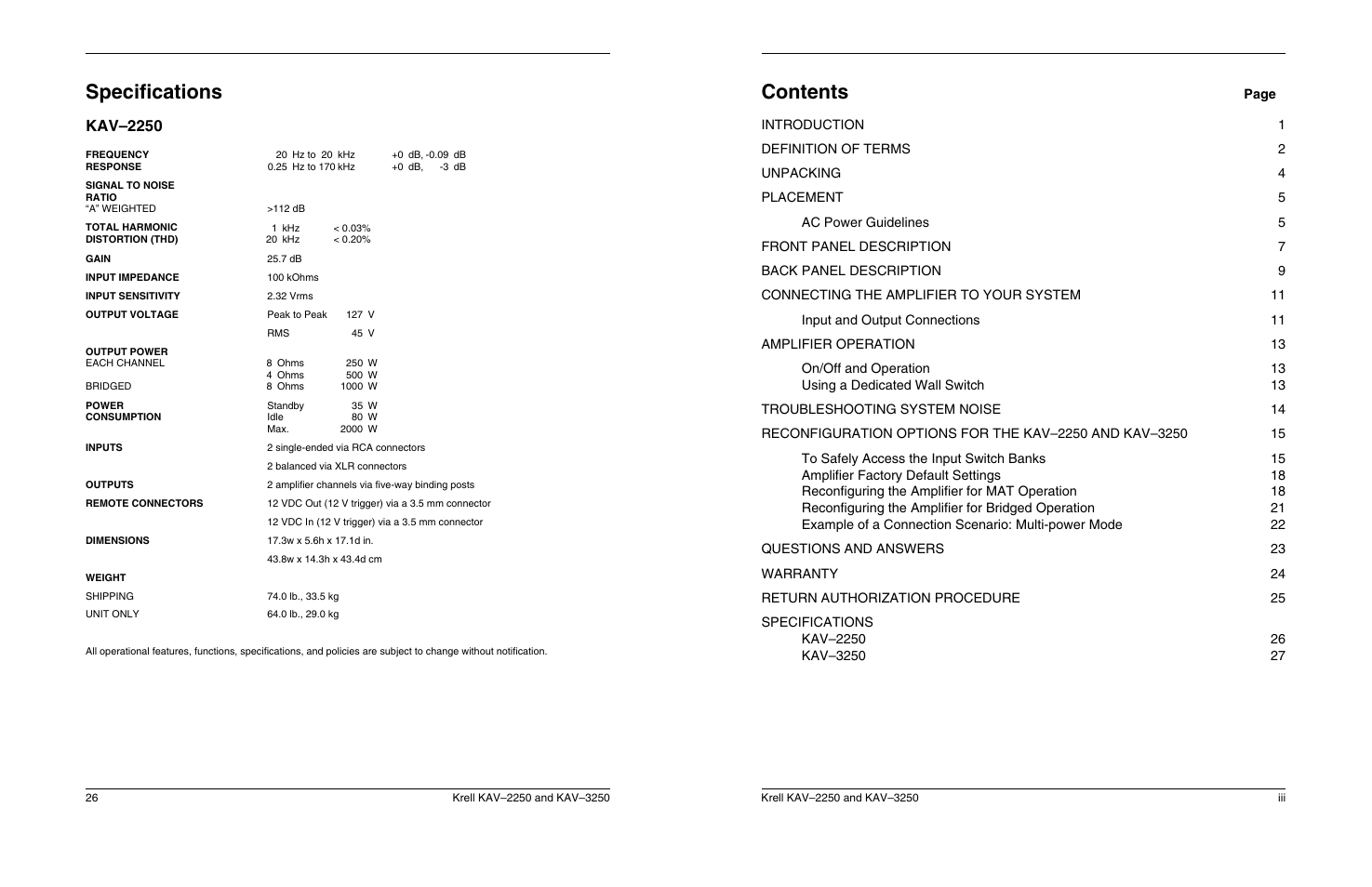 Krell Industries KAV 3250 User Manual | Page 3 / 32